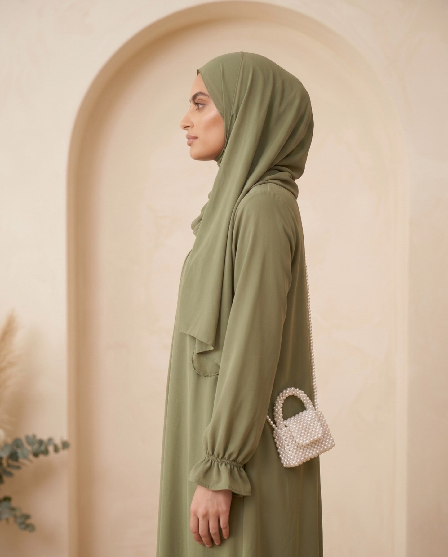 Premium Olive Green Georgette Abaya Set with Elegant Frill Cuffs