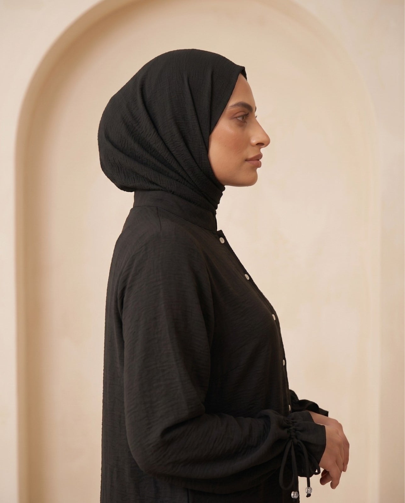 Premium Jet Black Georgette Front-Button Abaya with Elegant Sleeve Ties