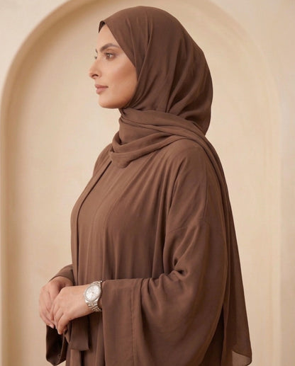 Premium Camel Brown Georgette Belted Abaya with Layered Cuff Sleeves