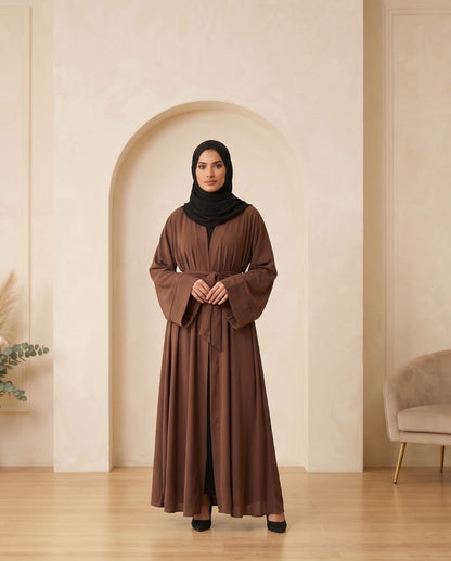Premium Espresso Brown Georgette Open-Front Abaya with Matching Waist Belt