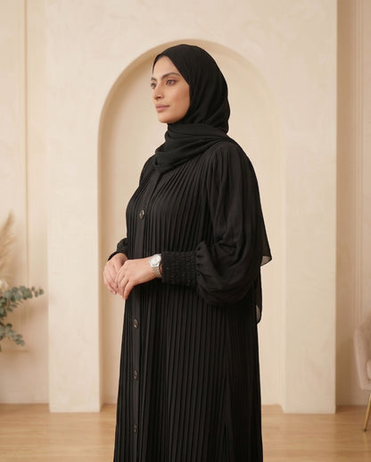 Premium Jet Black Georgette Micro-Pleated Abaya with Front Buttons