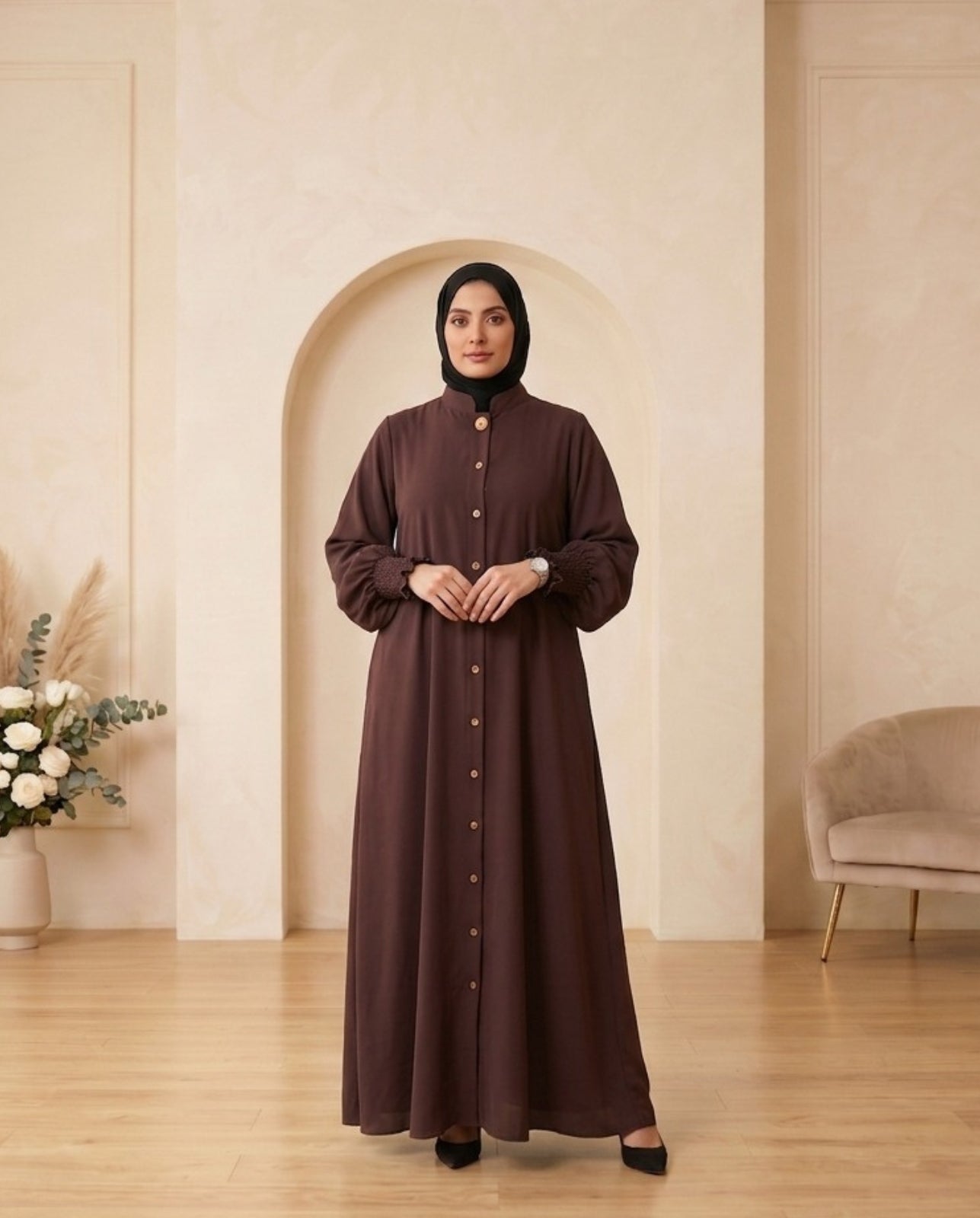 Premium Coffee Brown Georgette High-Neck Abaya with Smocked Cuffs