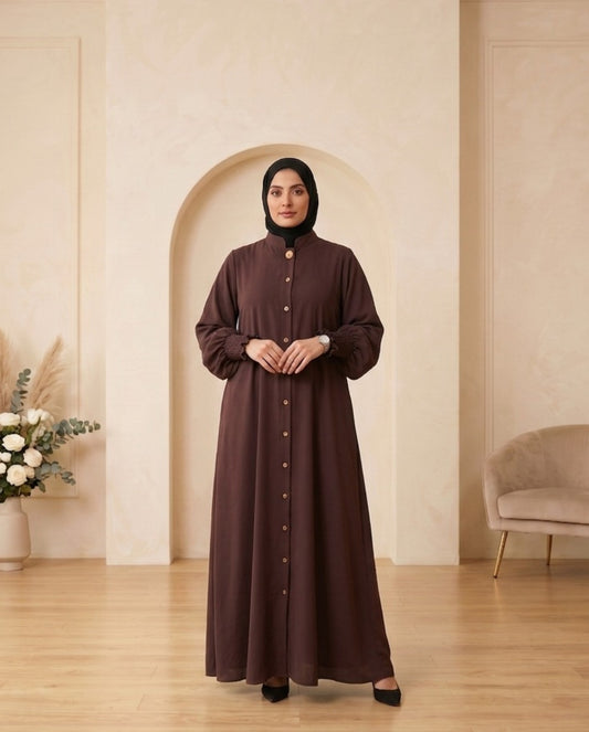 Premium Coffee Brown Georgette High-Neck Abaya with Smocked Cuffs