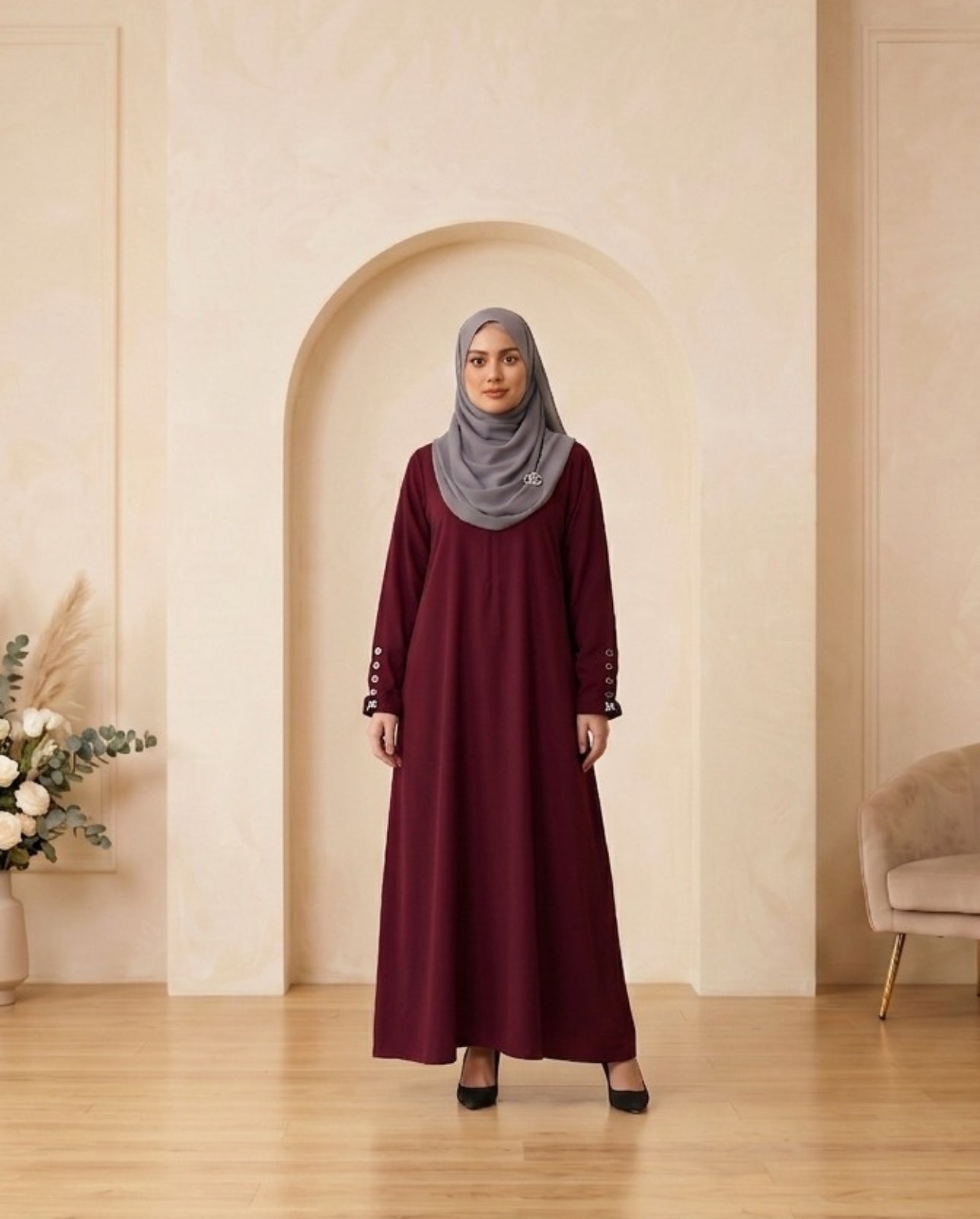 Premium Deep Maroon Georgette Abaya with Button-Detailed Tailored Sleeves