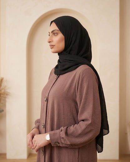 Premium Plum-Mauve Georgette Front-Button Abaya with Elegant Balloon Sleeves
