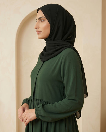 Premium Emerald Green Georgette High-Waist Abaya with Smocked Cuffs