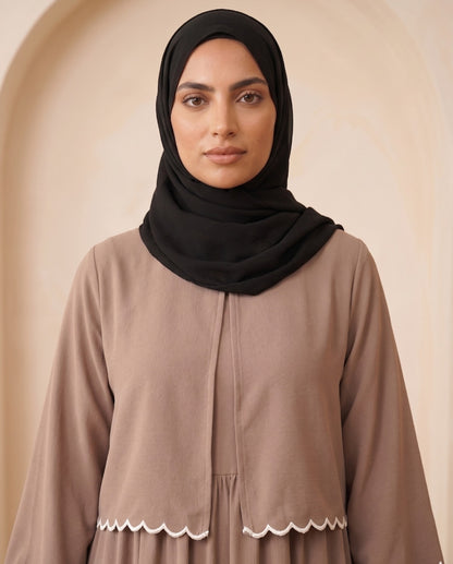 Premium Georgette High-Waist Maxi Abaya Set with Delicate White Scallop Lace