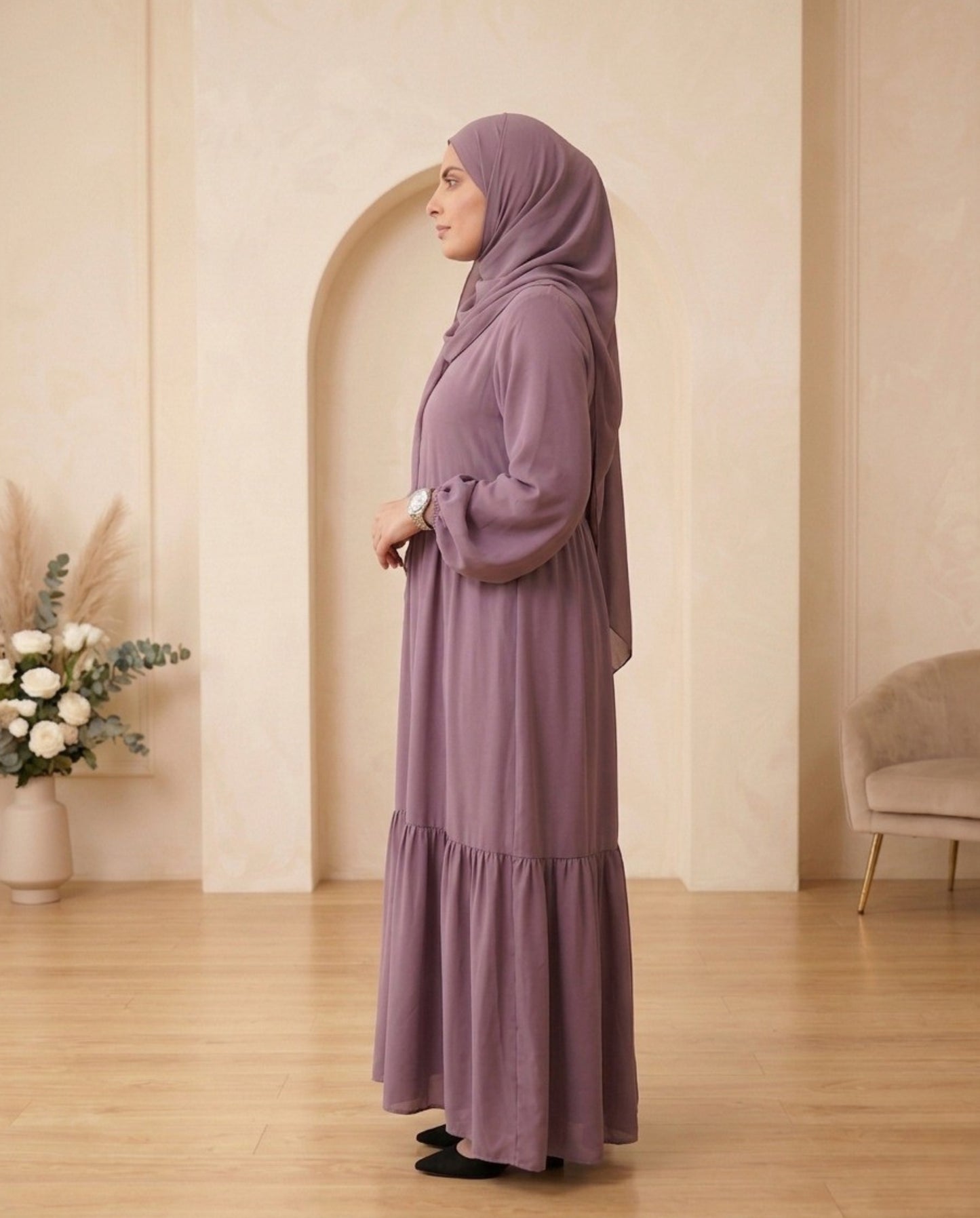 Premium Muted Plum Georgette Tiered Maxi Abaya with Balloon Sleeves