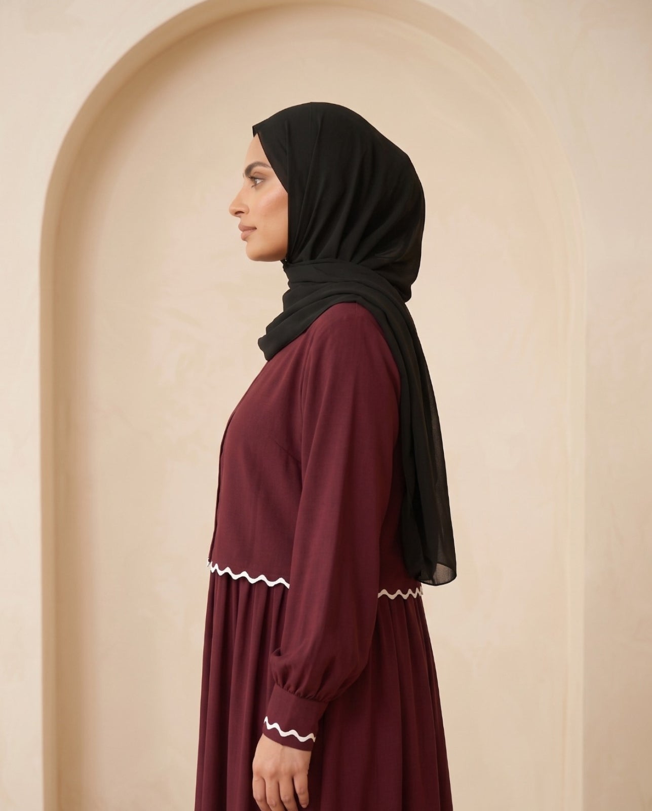 Premium Plum Georgette Abaya Set with Delicate Waist Lace Details