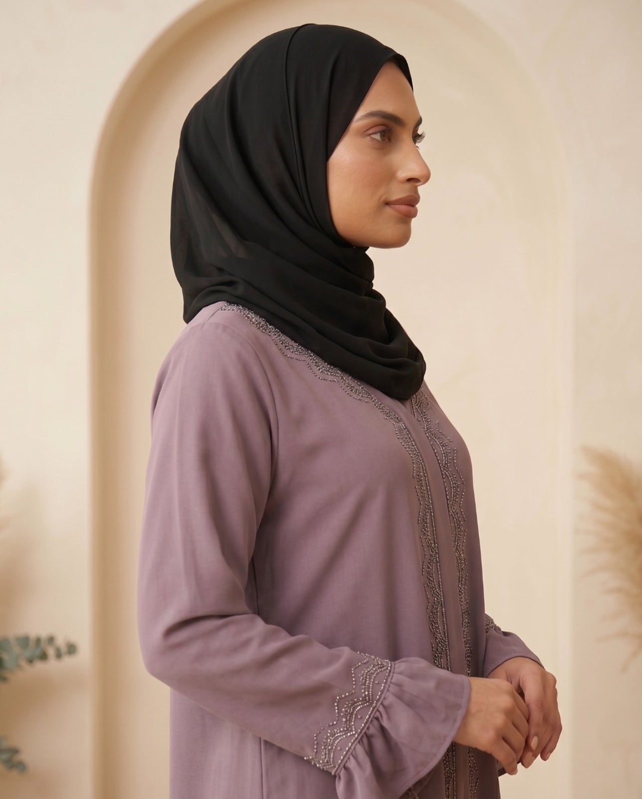 Premium Muted Lavender Georgette Abaya with Delicate Front Embroidery