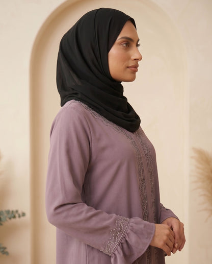 Premium Muted Lavender Georgette Abaya with Delicate Front Embroidery