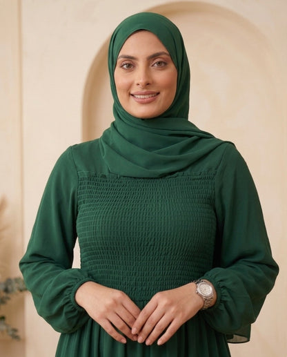 Premium Emerald Green Georgette Smocked Bodice Tiered Maxi Abaya