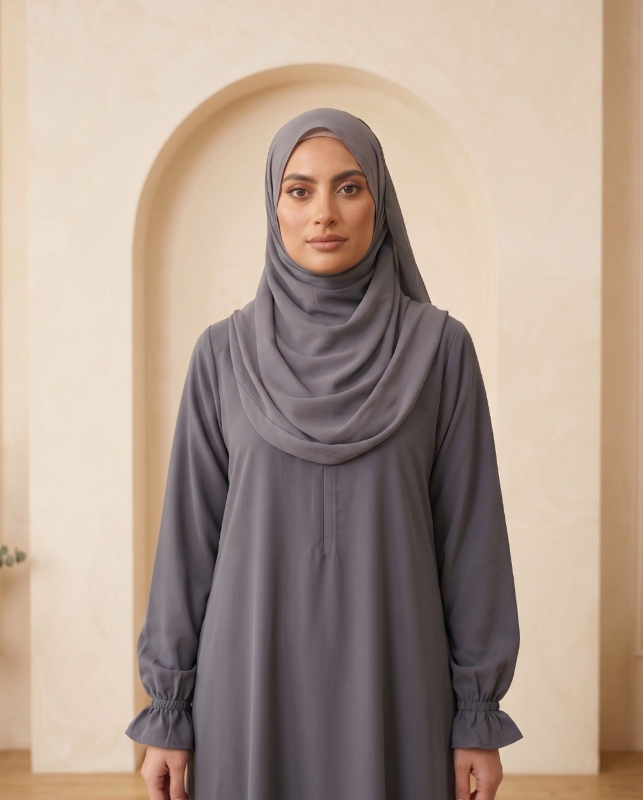 Premium Slate Gray Georgette Minimalist Abaya with Frilled Cuffs