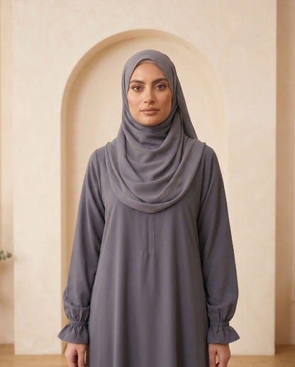 Premium Slate Gray Georgette Minimalist Abaya with Frilled Cuffs