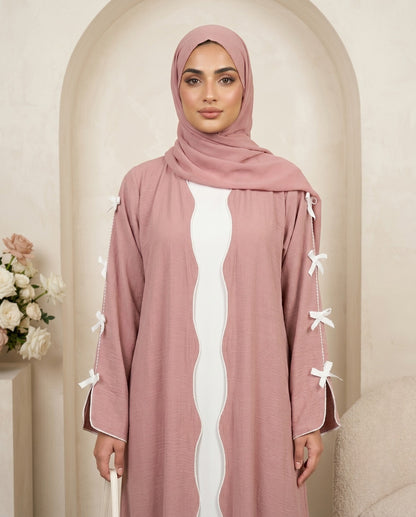 Elegant Pastel Pink Ribbon-Detail Abaya