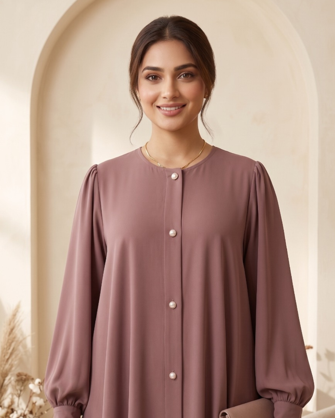 Elegant Mauve Button-Down Georgette Abaya
