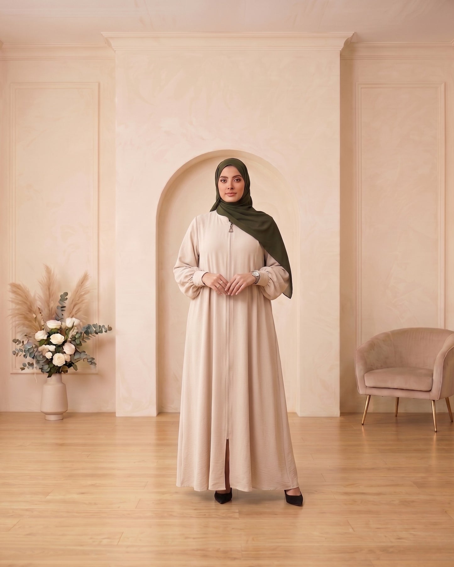 Modern Zip-Front Beige Abaya with Olive Georgette Hijab