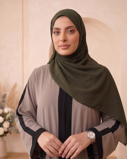 Sophisticated Taupe & Black Color-Block Abaya with Olive Hijab