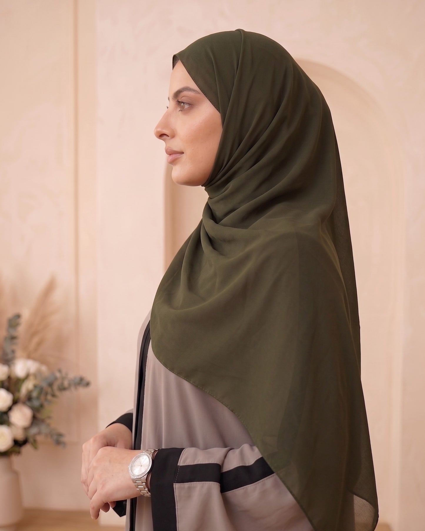 Sophisticated Taupe & Black Color-Block Abaya with Olive Hijab