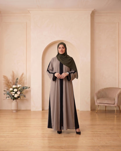 Sophisticated Taupe & Black Color-Block Abaya with Olive Hijab