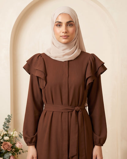 Chocolate Brown Ruffle-Shoulder Maxi Abaya