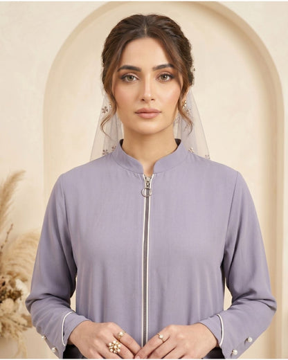 Premium Lavender Front-Zip Abaya with Embellished Cuffs