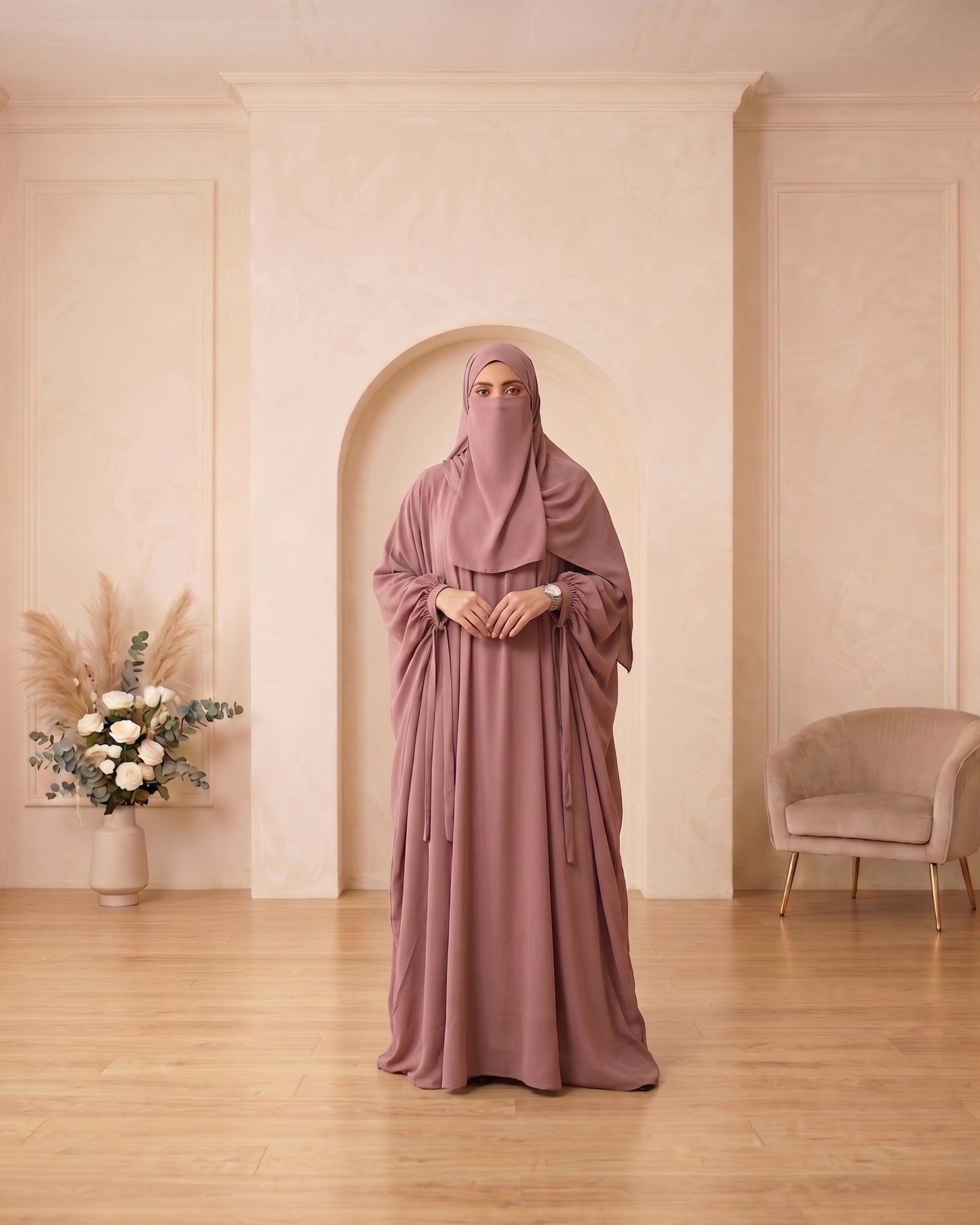 Graceful Mauve Flowing Abaya with Matching Niqab