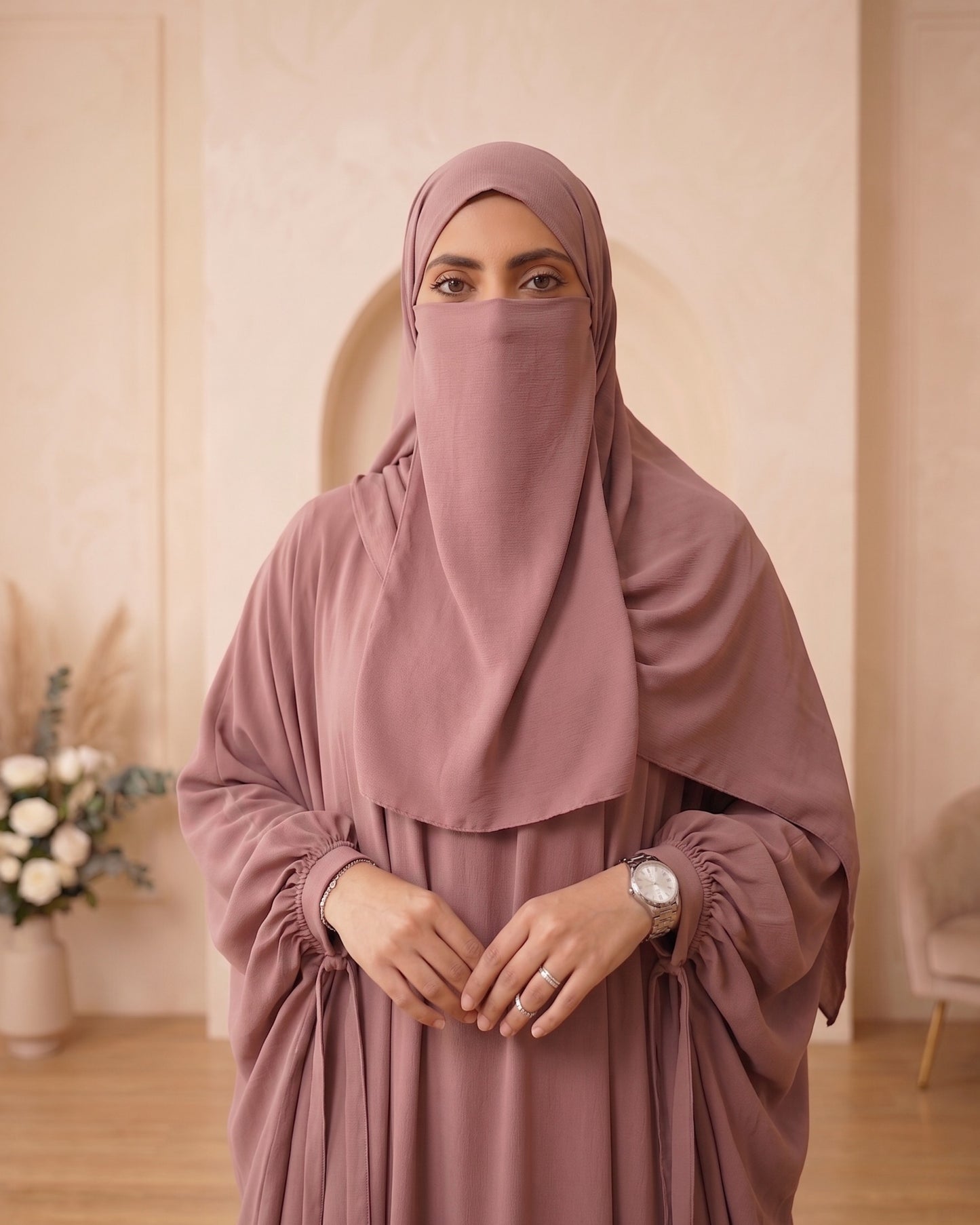 Graceful Mauve Flowing Abaya with Matching Niqab