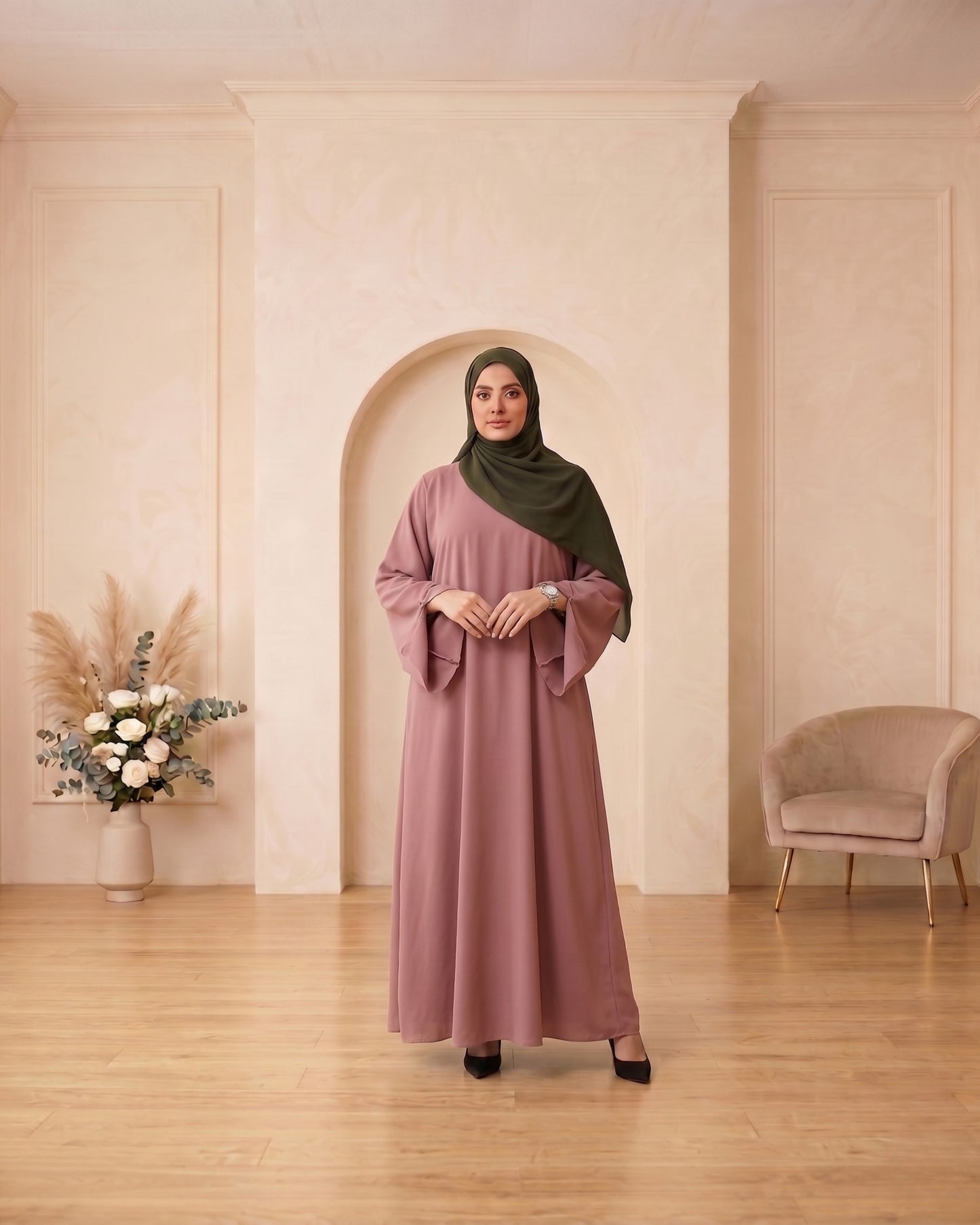 Elegant Mauve Bell-Sleeve Abaya with Olive Georgette Hijab