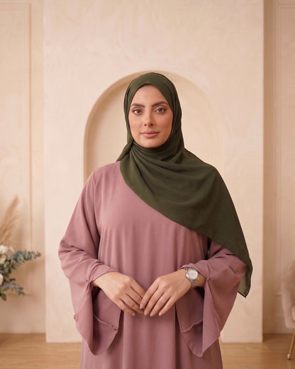 Elegant Mauve Bell-Sleeve Abaya with Olive Georgette Hijab