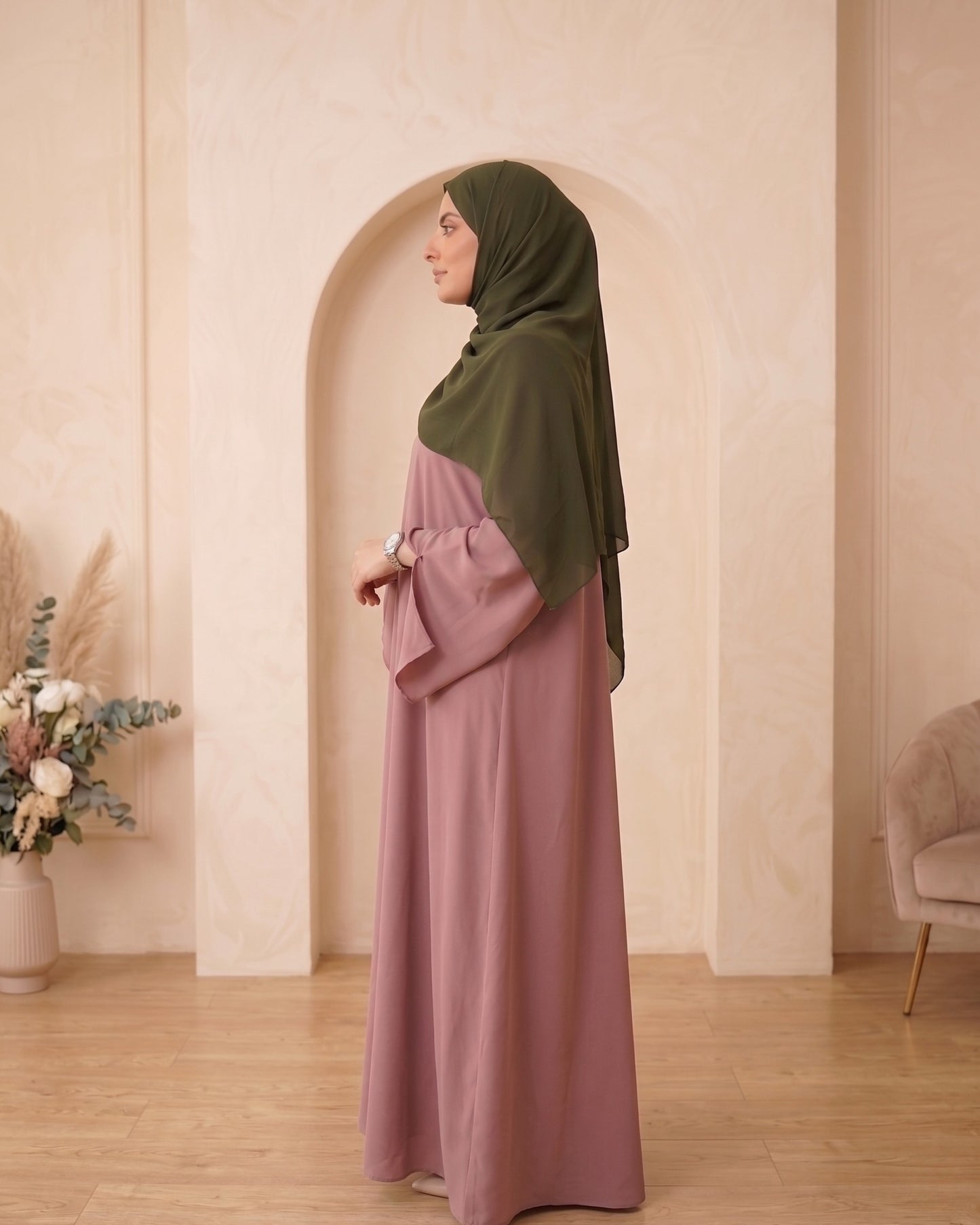 Elegant Mauve Bell-Sleeve Abaya with Olive Georgette Hijab