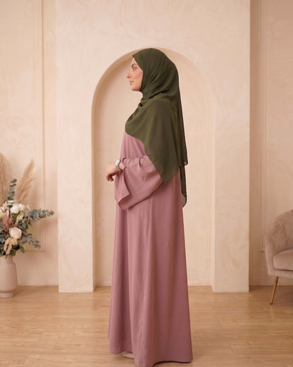 Elegant Mauve Bell-Sleeve Abaya with Olive Georgette Hijab