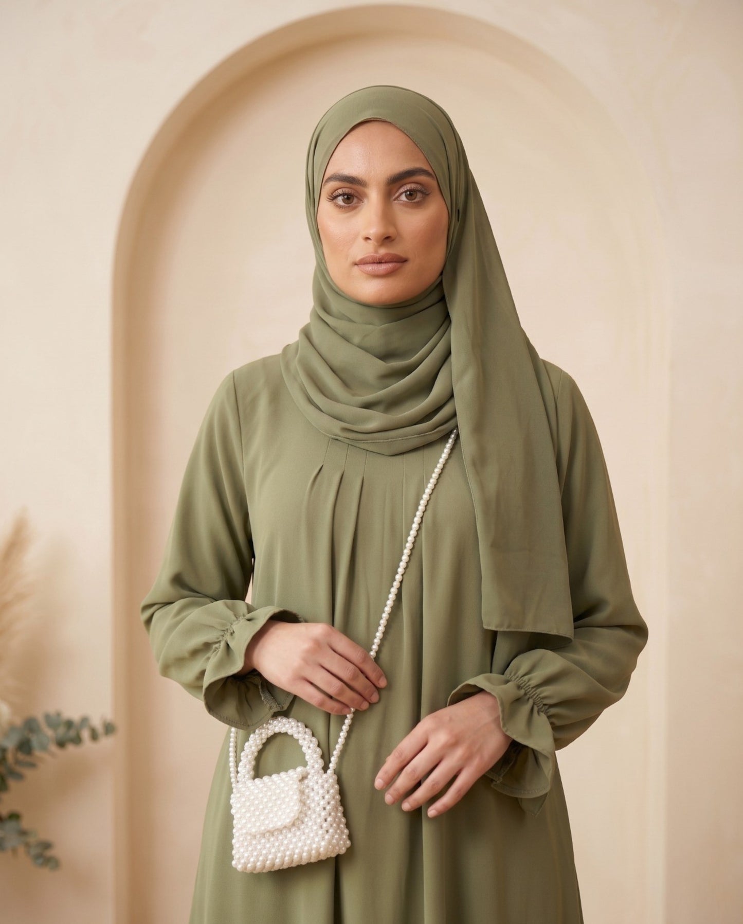 Premium Olive Green Georgette Abaya Set with Elegant Frill Cuffs