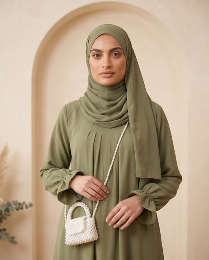 Premium Olive Green Georgette Abaya Set with Elegant Frill Cuffs