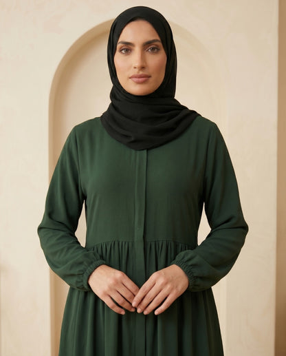 Premium Emerald Green Georgette High-Waist Abaya with Smocked Cuffs