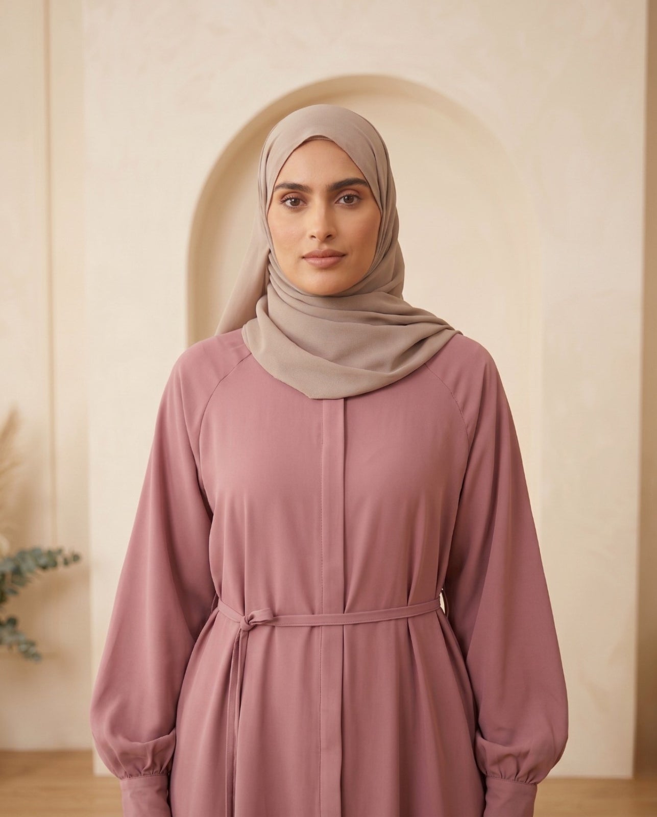 Premium Dusty Rose Georgette A-Line Abaya with Matching Waist Belt