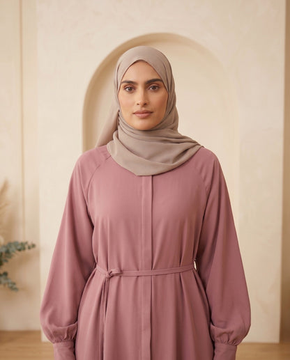 Premium Dusty Rose Georgette A-Line Abaya with Matching Waist Belt