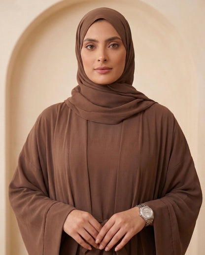 Premium Camel Brown Georgette Belted Abaya with Layered Cuff Sleeves