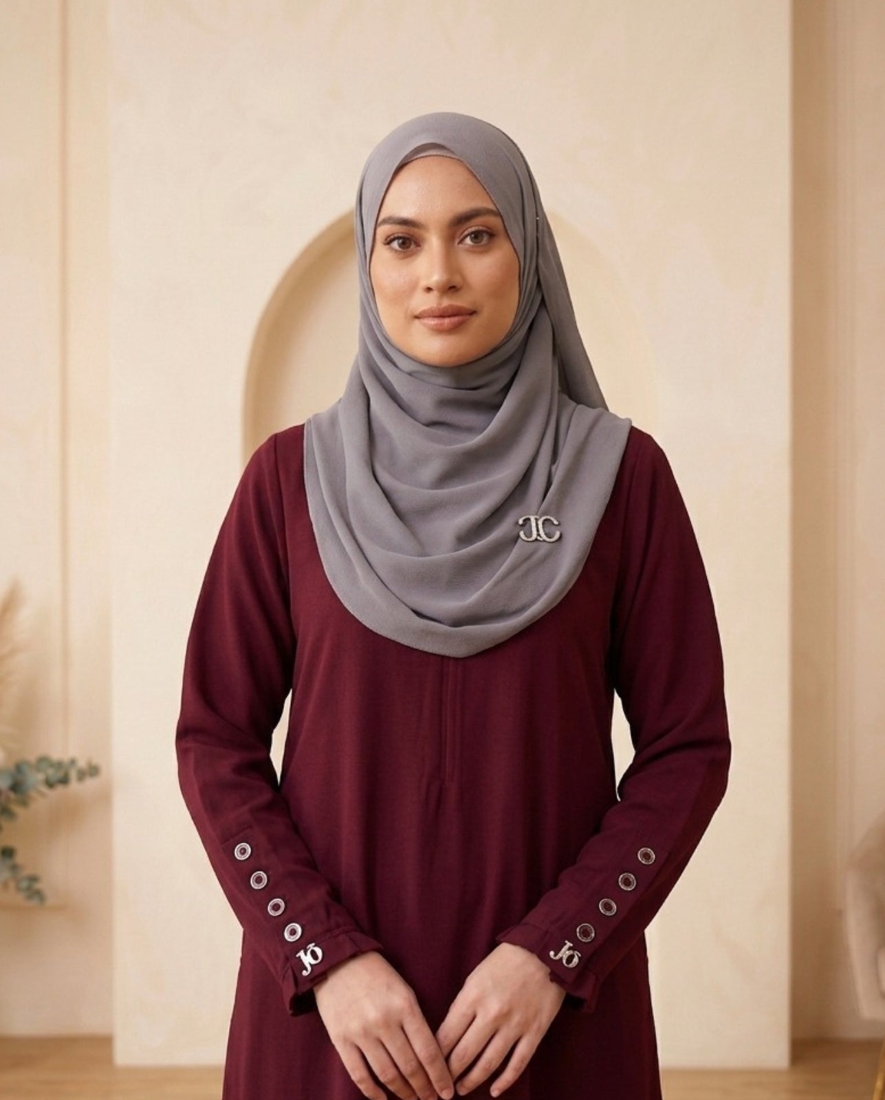 Premium Deep Maroon Georgette Abaya with Button-Detailed Tailored Sleeves