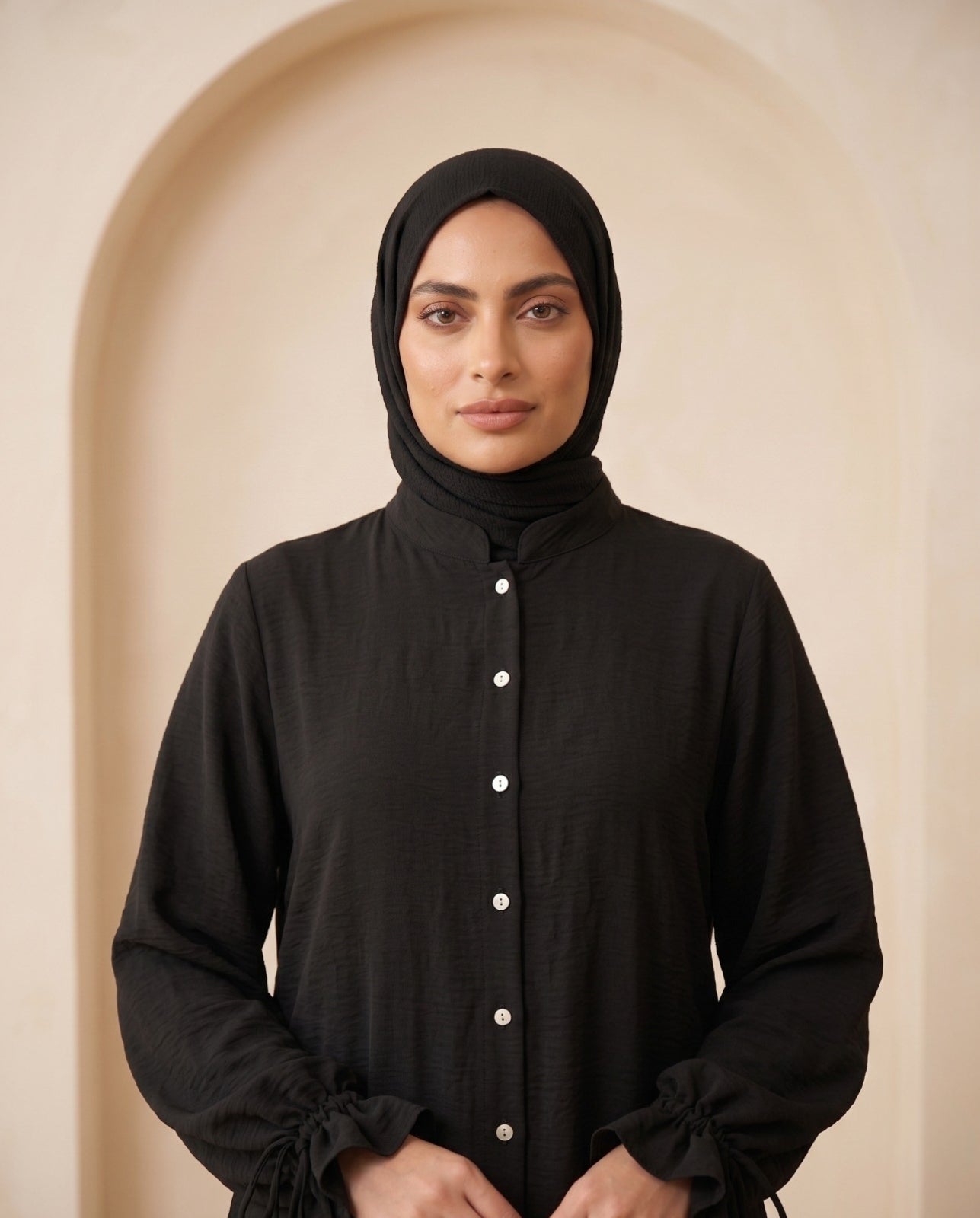 Premium Jet Black Georgette Front-Button Abaya with Elegant Sleeve Ties