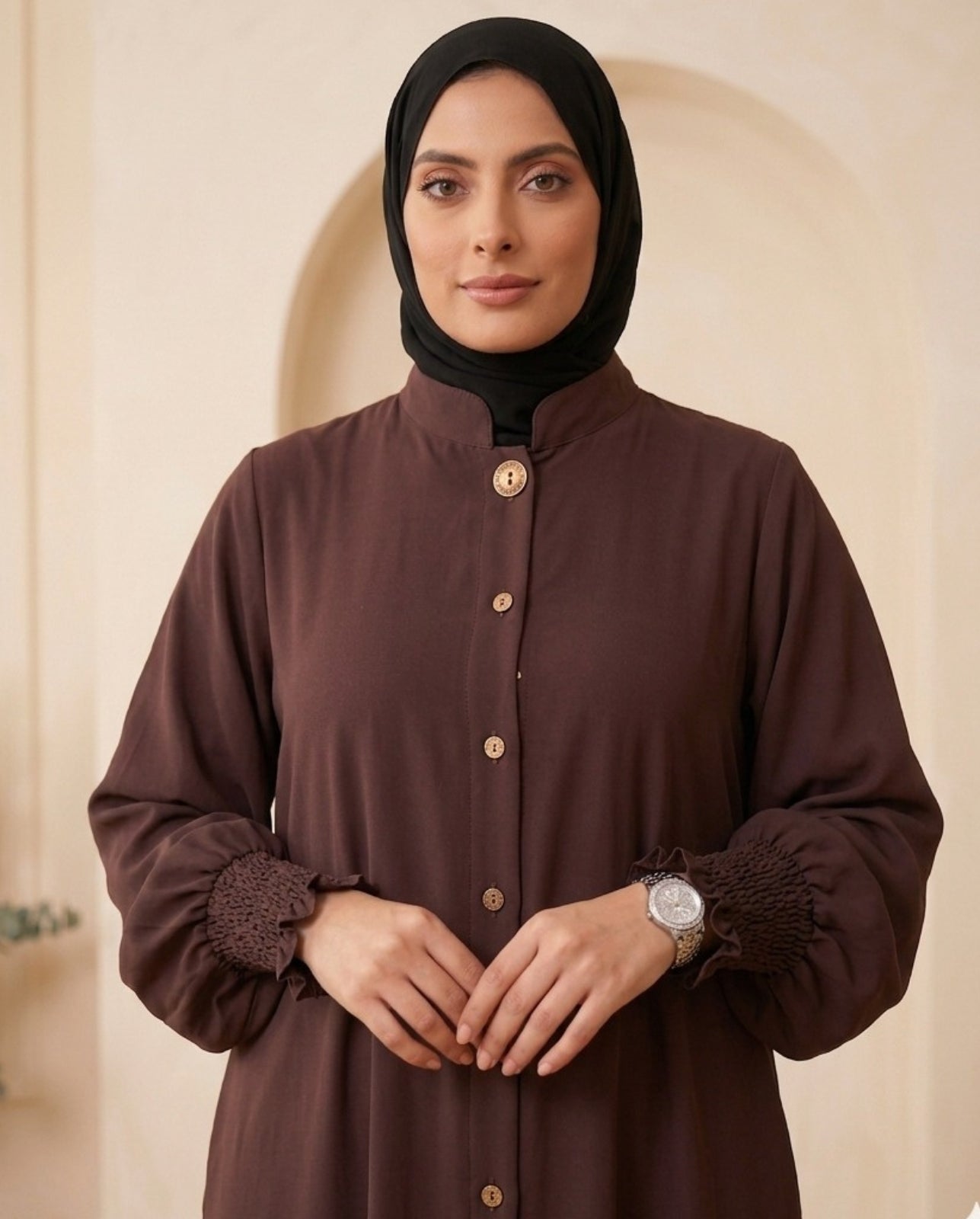Premium Coffee Brown Georgette High-Neck Abaya with Smocked Cuffs