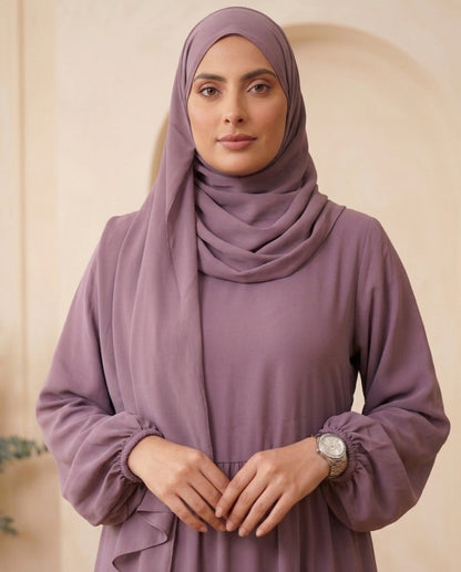 Premium Muted Plum Georgette Tiered Maxi Abaya with Balloon Sleeves