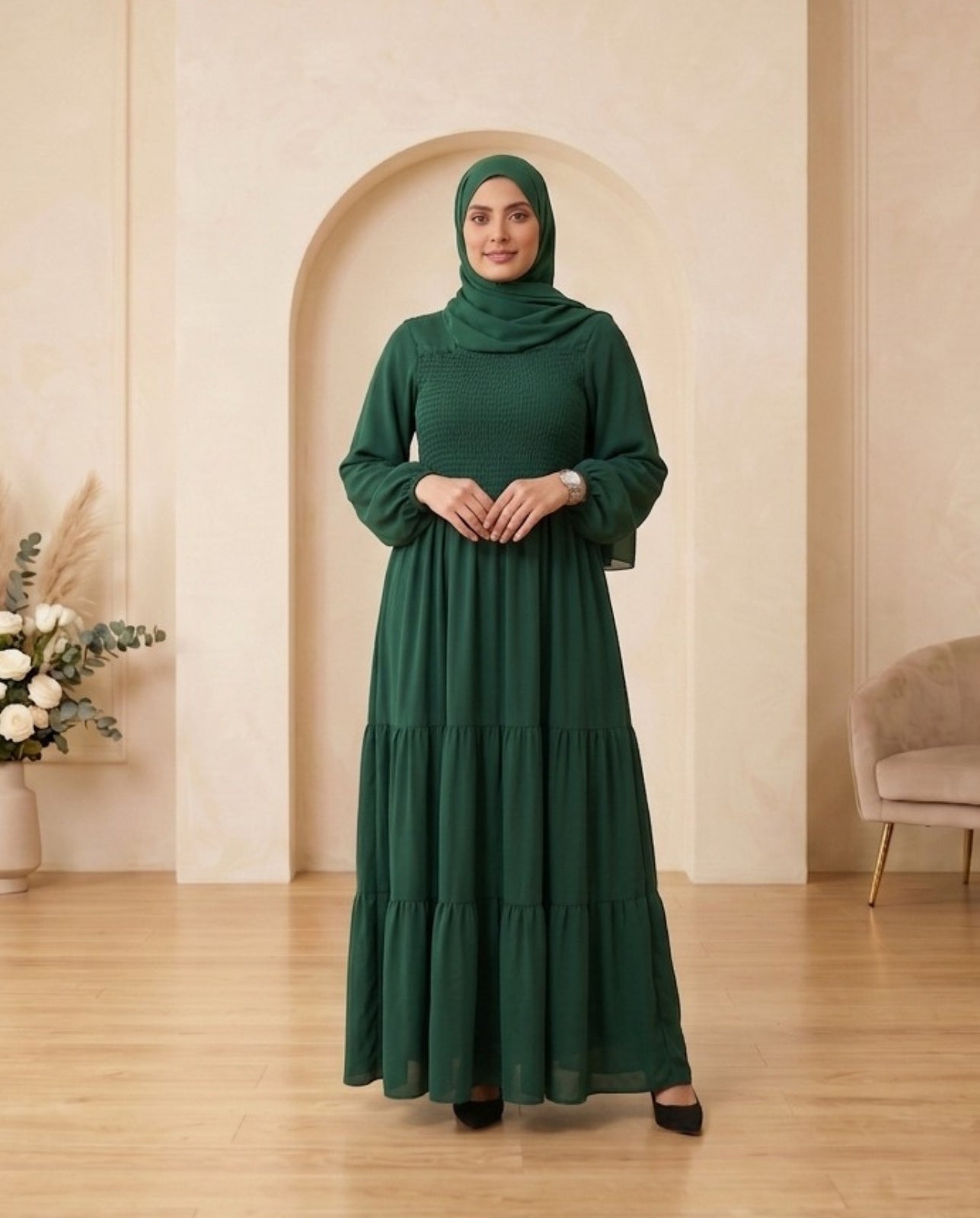 Premium Emerald Green Georgette Smocked Bodice Tiered Maxi Abaya