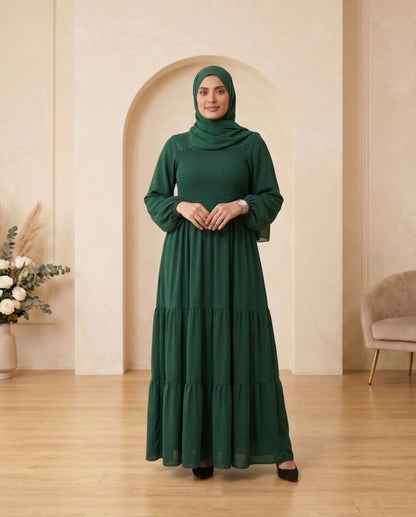 Premium Emerald Green Georgette Smocked Bodice Tiered Maxi Abaya