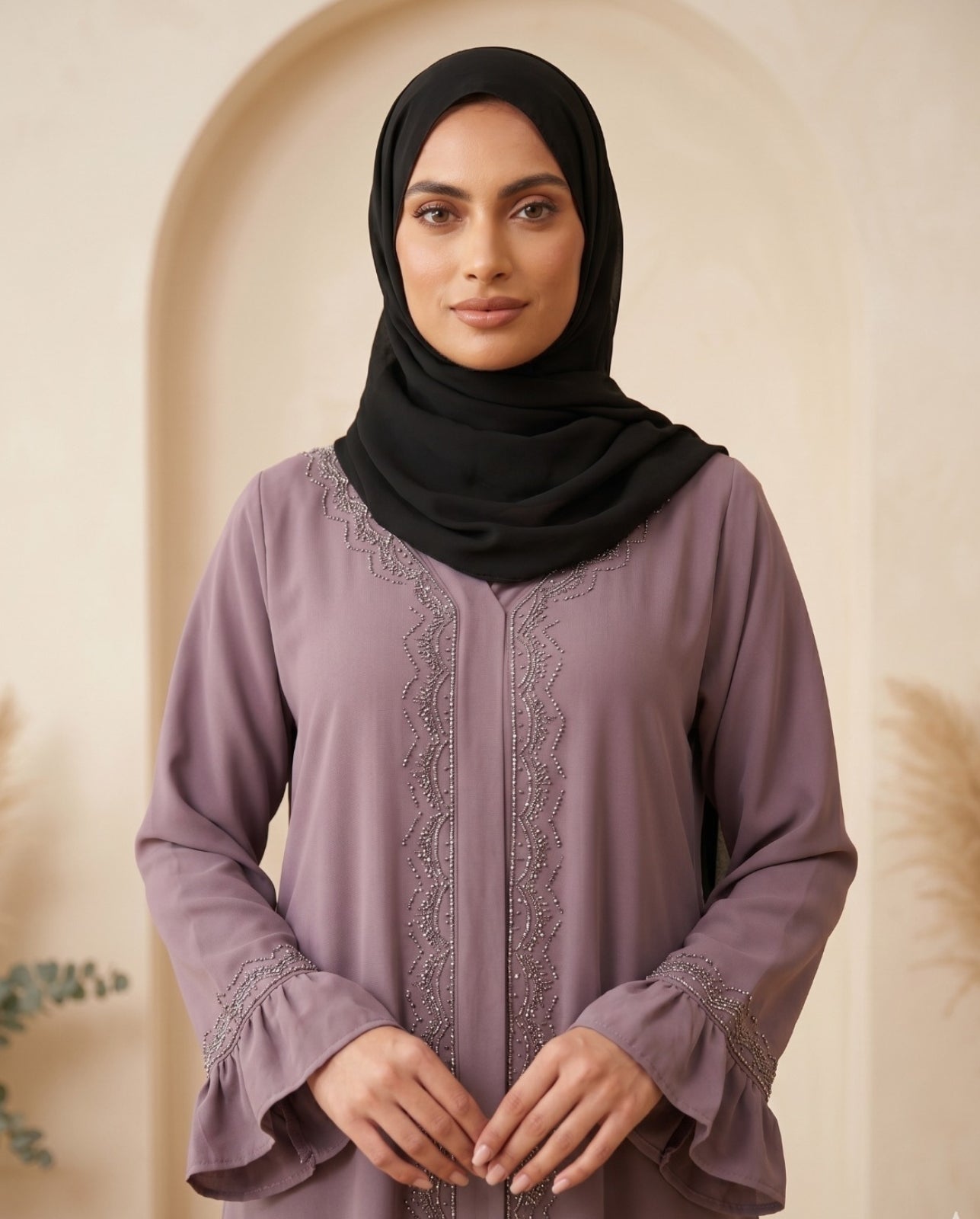 Premium Muted Lavender Georgette Abaya with Delicate Front Embroidery