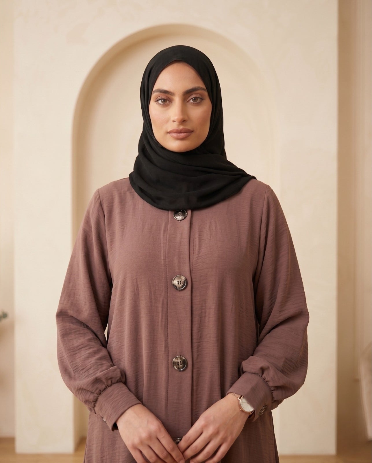 Premium Plum-Mauve Georgette Front-Button Abaya with Elegant Balloon Sleeves