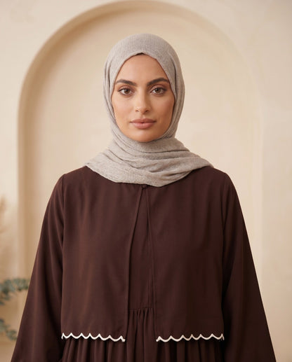 Premium Chocolate Brown Georgette Abaya Set with Elegant White Lace Details