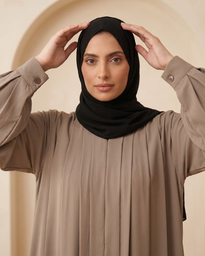 Premium Light Taupe Georgette Pleated Abaya Set with Elegant Balloon Sleeves