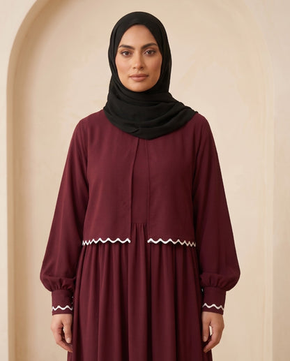 Premium Plum Georgette Abaya Set with Delicate Waist Lace Details