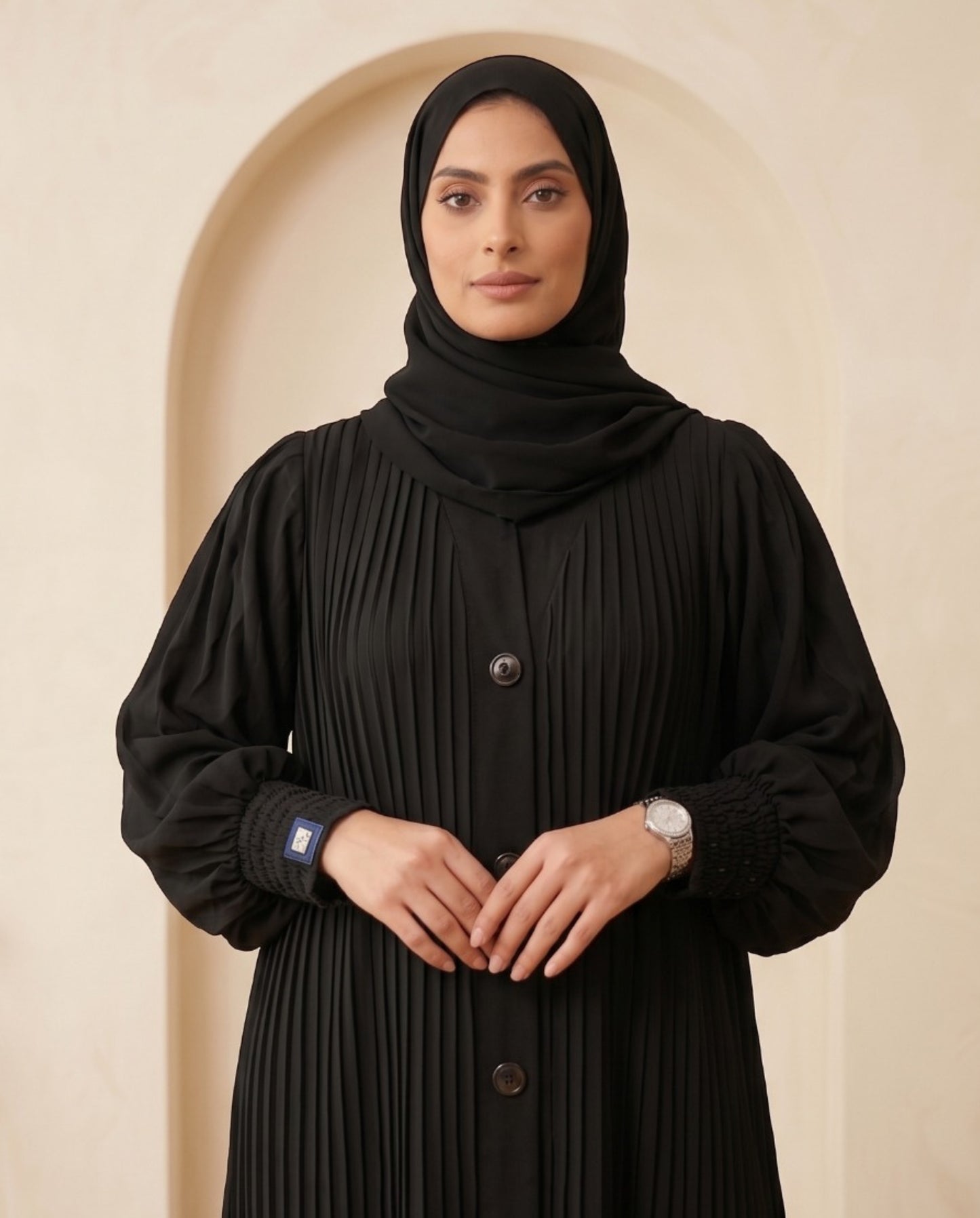 Premium Jet Black Georgette Micro-Pleated Abaya with Front Buttons